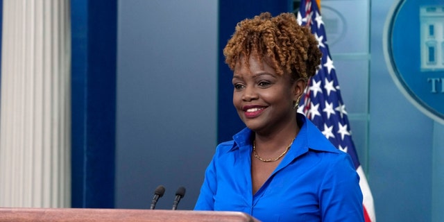 White House press secretary Karine Jean-Pierre wearing blue during a briefing