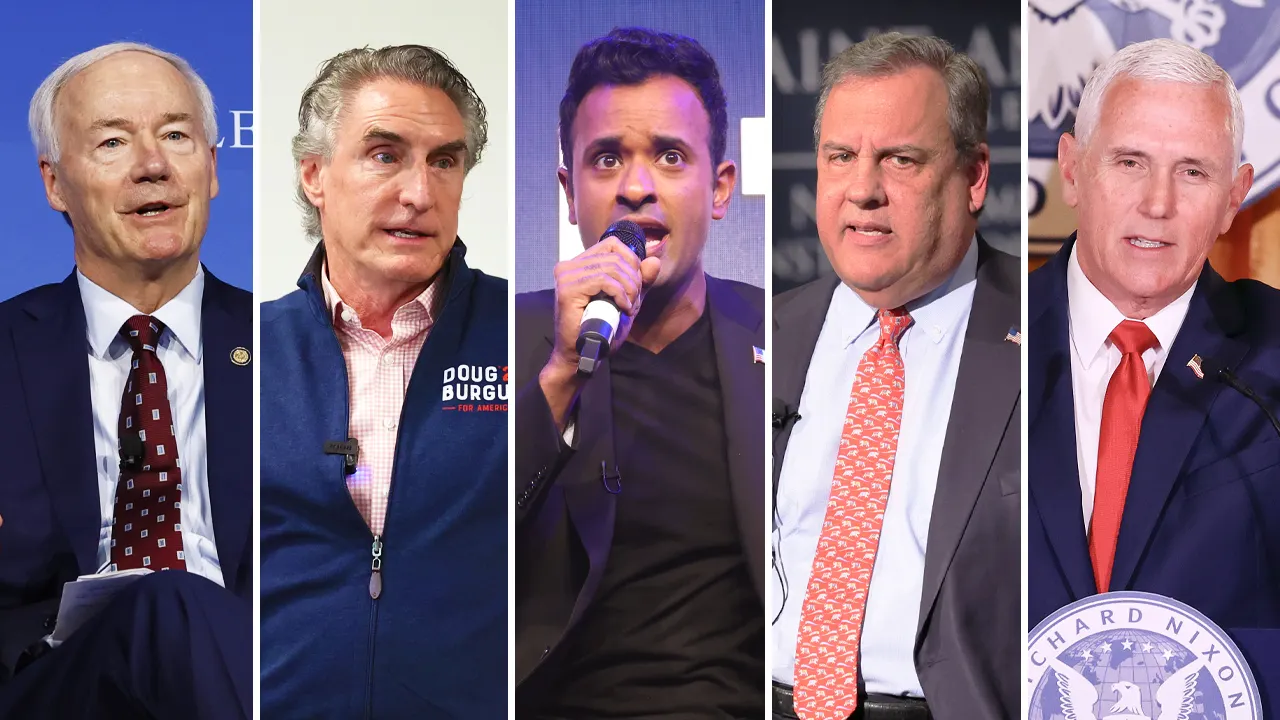 Former Arkansas Gov. Asa Hutchinson, North Dakota Gov. Doug Burgum, entrepreneur Vivek Ramaswamy, former New Jersey Gov. Chris Christie, and former Vice President Mike Pence