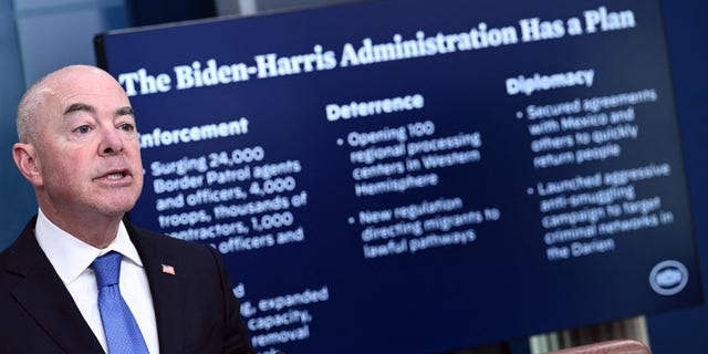 US Homeland Security Secretary Alejandro Mayorkas speaks during the daily press briefing in the Brady Press Briefing Room of the White House in Washington, DC, on May 11, 2023.