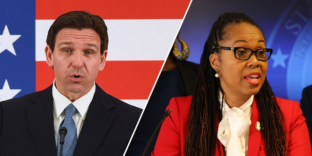 Split image of Florida Gov. Ron DeSantis and State Attorney Monique Worrell