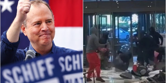 Adam Schiff, left, smash/grab crime scene right