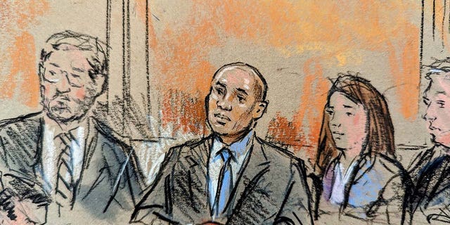 A court sketch depicts Walt Nauta, Carlos De Oliveira and former president Donald Trump’s attorney