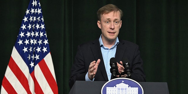 National Security Adviser Jake Sullivan addresses the press ahead of President Biden's meeting with South Korean and Japanese leaders at Camp David