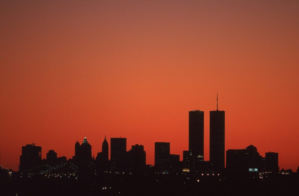 5 Sep 2001: The view of the New York skyline with the World Trade Center at sunset taken from the US Open at the UATA National Tennis Center in Flushing, New York.Mandatory Credit: Jamie Squire/Allsport