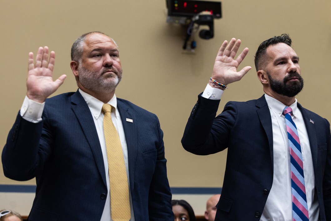 Supervisory IRS Special Agent Gary Shapley, left, and IRS Criminal Investigator Joseph Ziegler, previously known as agent X, are sworn-in before a House Oversight Committee hearing related to the Justice Department's investigation of Hunter Biden, on Capitol Hill July 19, 2023. Both whistleblowers allege the Hunter Biden investigation was Òslow-walkedÓ and mishandled by the DOJ.