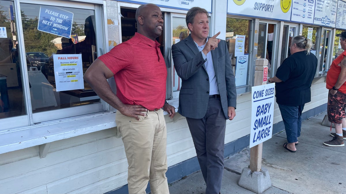 Sen. Tim Scott of South Carolina, a 2024 Republican presidential candidate, teams up with GOP Gov. Chris Sununu