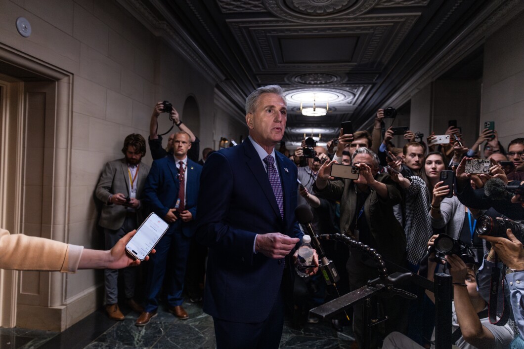 Former U.S. Speaker of the House Kevin McCarthy (R-CA) speaks to reporters following a House Republican caucus meeting on Tuesday, Oct. 11, 2023. The House is still working to find a replacement for McCarthy after he was ousted on Oct. 3, 2023. 