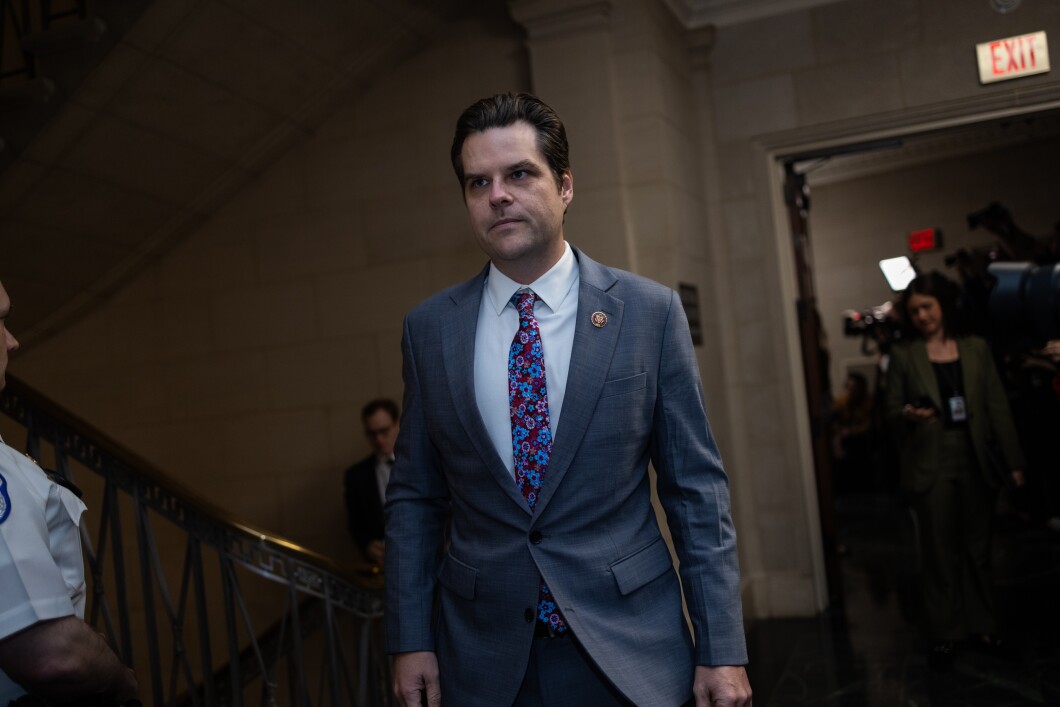 Rep. Matt Gaetz (R-FL) arrives at a House Republican speakership meeting, on Capitol Hill, Wednesday, Oct. 11, 2023. Gaetz led the group of eight Republicans and all Democrats who voted on Oct. 3, 2023, to remove Rep. Kevin McCarthy (R-CA) as speaker. It remains unclear whether House Republicans can nominate a replacement who can rally the near-total GOP support necessary to succeed on a vote floor.