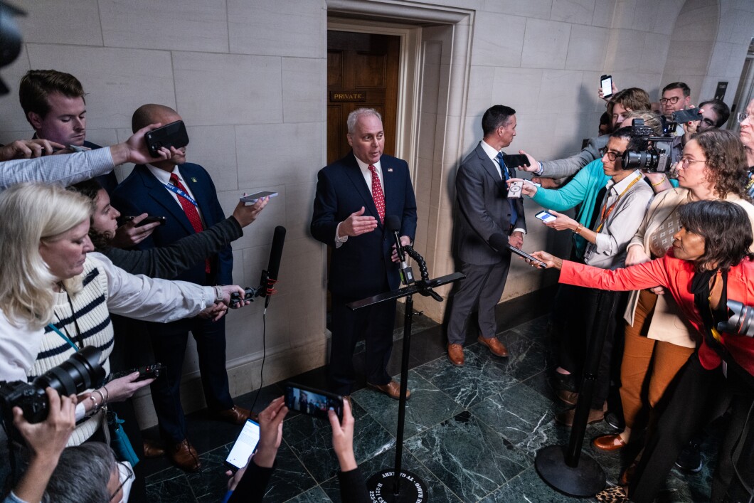 Rep. Steve Scalise (R-LA) speaks to the media prior to a Republican speakership meeting on Capitol Hill, on Tuesday, Oct. 13, 2023. Scalise dropped out of the race to become the new House speaker, after failing to secure enough support. 