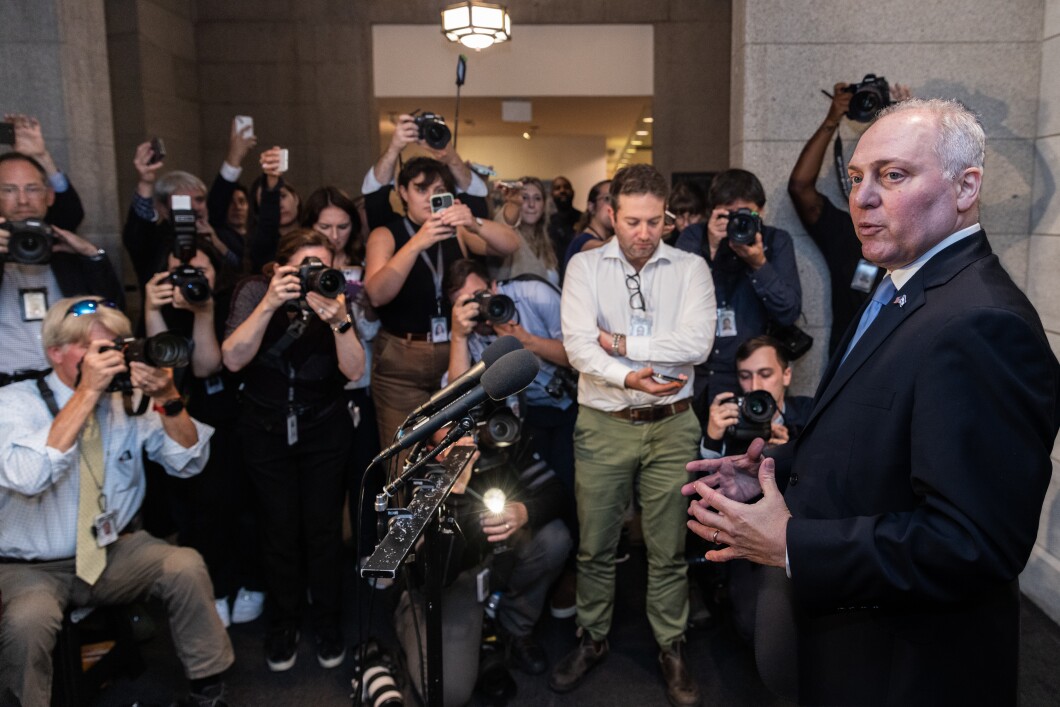 Rep. Steve Scalise (R-LA) speaks to the media following a House Republican conference meeting on Capitol Hill, on Thursday, Oct. 13, 2023. Scalise dropped out of the race to become the new House speaker, after failing to secure enough support. 