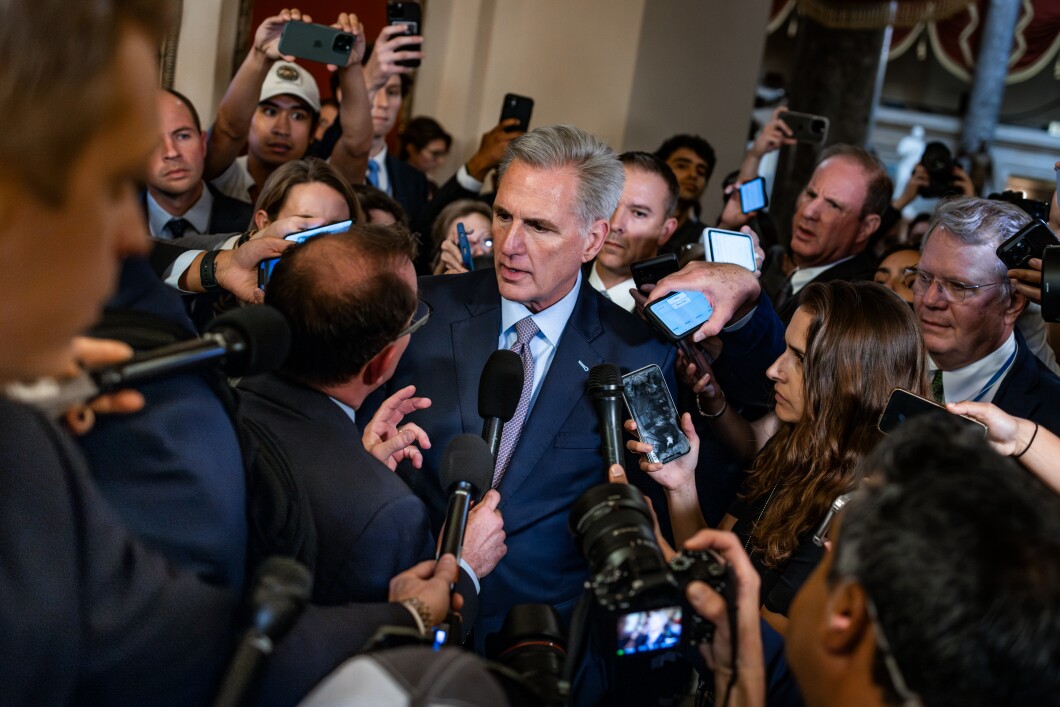 House Speaker Kevin McCarthy (R-CA) is mobbed by reporters right before a vote on whether to remove him as speaker, brought by hard-right members of the party, on Capitol Hill, on Oct. 3, 2023, in Washington, D.C. 