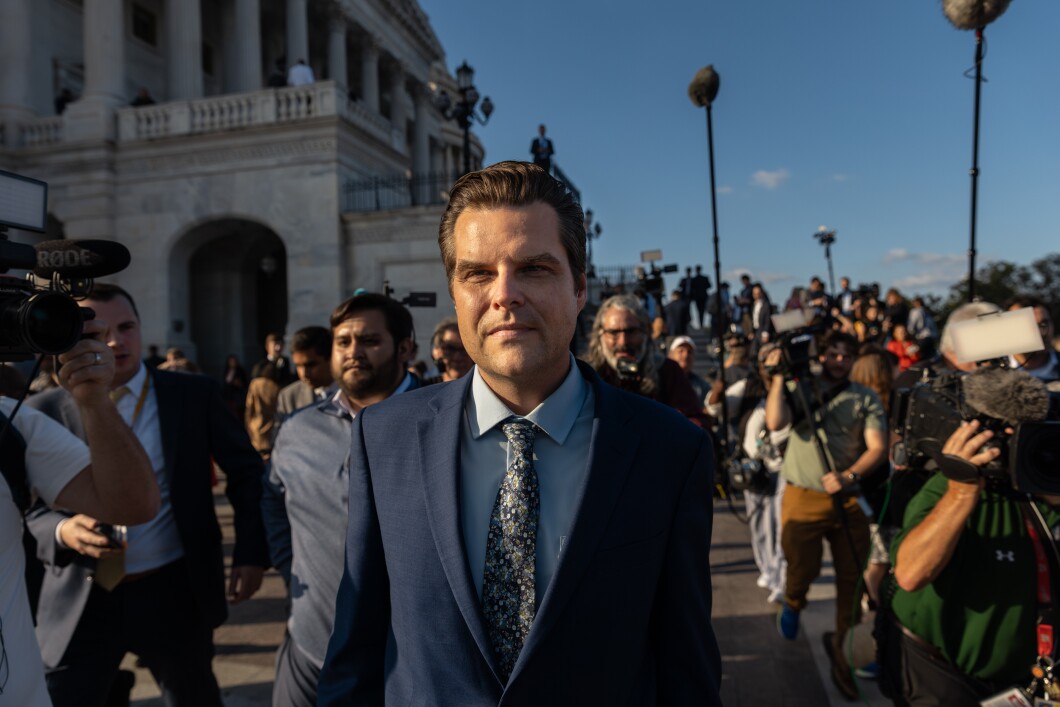 Rep. Matt Gaetz (R-FL) walks outside the U.S. Capitol followed by reporters following a vote to remove Kevin McCarthy (R-CA) from the speakership, on Tuesday, Oct. 3, 2023. In an unprecedented turn of events, McCarthy was ousted by a simple majority. Gaetz, a fierce critic of McCarthy, spearheaded the motion to remove him.