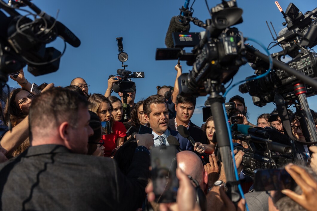 Rep. Matt Gaetz (R-FL) is surrounded by cameras and reporters as he fields questions from the media, on Tuesday, Oct. 3, 2023. Gaetz filed the successful motion to vacate the speakership against Kevin McCarthy (R-CA).