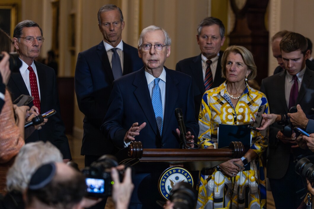 Senate Minority Leader Mitch McConnell (R-KY) talks to reporters following the Senate Republican policy luncheon at the U.S. Capitol on Oct. 4, 2023. When asked about the removal of Kevin McCarthy from the speakership, McConnell said, "I hope whoever the next speaker is gets rid of the motion to vacate."