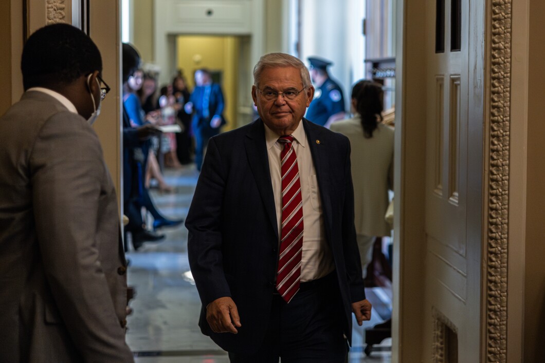 Sen. Bob Menendez (D-NJ) leaves a Democratic policy luncheon on Wednesday, Oct. 4, 2023. New details have emerged about Nadine Arslanian, the wife of Menendez, who struck and killed a pedestrian with her car in December 2018 without being charged. Federal prosecutors reference this event as a factor in the indictment of the senator. 