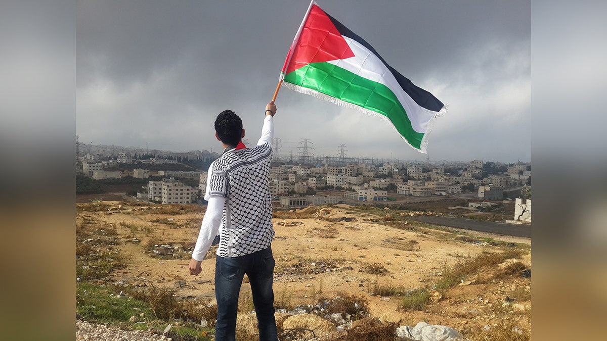 A man waves a Palestinian flag against the backgrop of a city and stormy skies