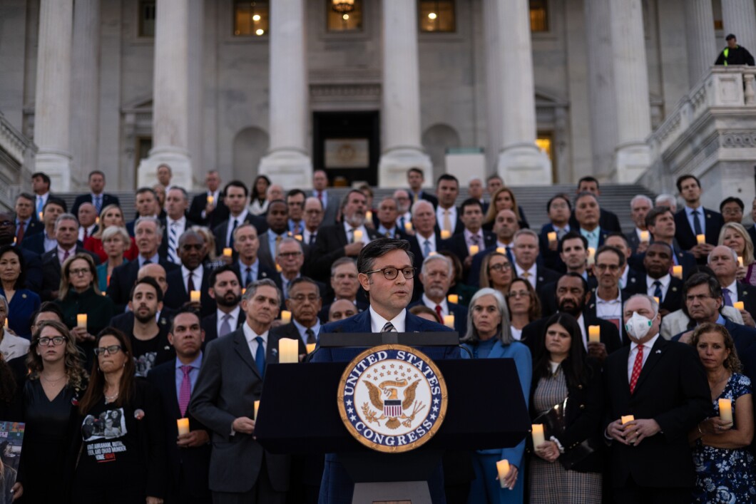 Speaker of the House Mike Johnson (R-LA) speaks during a bipartisan candlelight vigil for Israeli victims and hostages of the conflict with Hamas, on the East Steps of the US Capitol, on Tuesday, November 7, 2023.