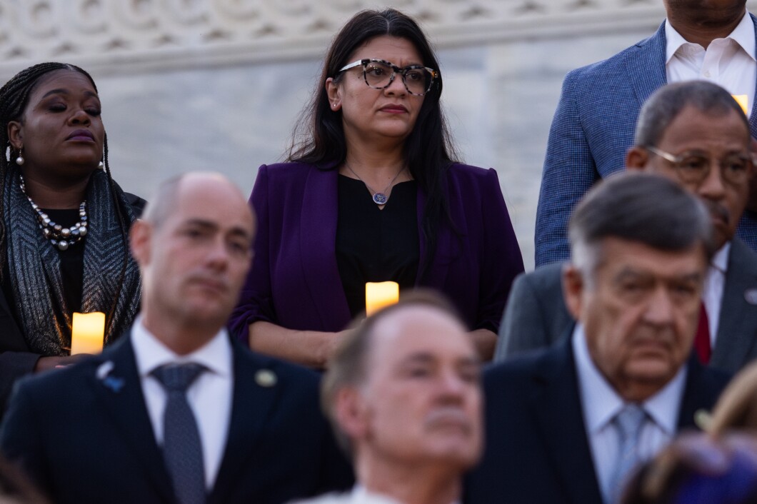 Rep. Rashida Tlaib (D-MI) attends a bipartisan candlelight vigil for Israeli victims and hostages of the conflict with Hamas, on the East Steps of the U.S. Capitol, on Tuesday, November 7, 2023. The House voted Tuesday to censure Tlaib for her remarks on the Israel-Hamas war. 