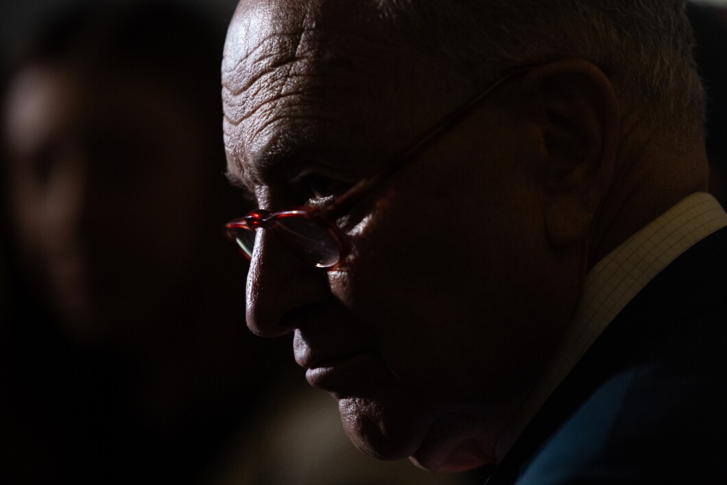 Senate Majority Leader Chuck Schumer (D-NY) speaks with reporters following an Artificial Intelligence Insight Forum meeting on Capitol Hill on Nov. 08, 2023. Lawmakers met with industry experts and business leaders about artificial intelligence and its effects on elections and privacy.