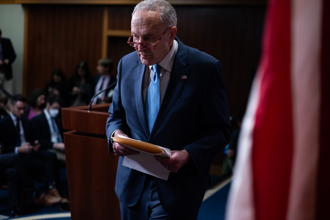 Senate Majority Leader Chuck Schumer (D-NY) departs a meeting with reporters before attending a rally in support of Israel on Capitol Hill on Nov. 14, 2023. 