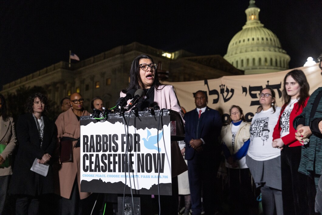 Rep. Rashida Tlaib (D-MI) speaks at a news conference alongside rabbis with the activist group Jewish Voices for Peace to call for a ceasefire in Gaza on Capitol Hill on Nov. 13, 2023, in Washington. House Republicans have heavily criticized Tlaib for being a member of a private Facebook group in which members have championed the terrorist group Hamas.