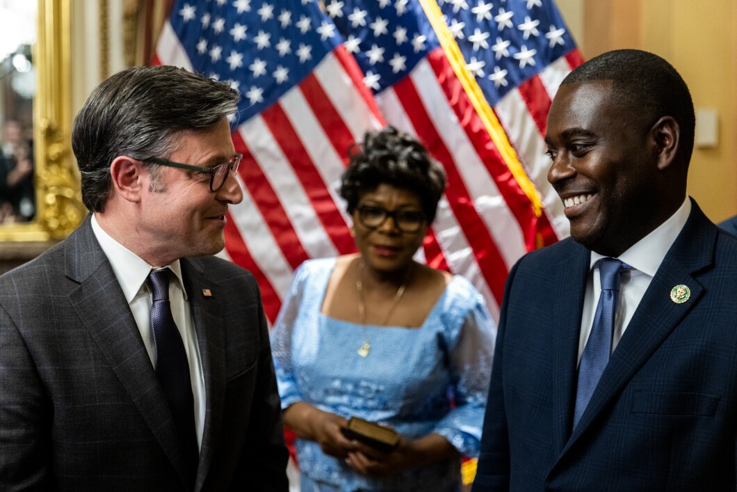 Speaker of the House Mike Johnson (R-LA) speaks with new Rep. Gabe Amo (D-RI) during a ceremonial swearing-in at the Capitol on Nov. 13, 2023. Amo is filling the seat formerly held by Rep. David Cicilline (D-RI) in Rhode Island's 1st Congressional District. He is the first black person elected to represent Rhode Island in Congress. 