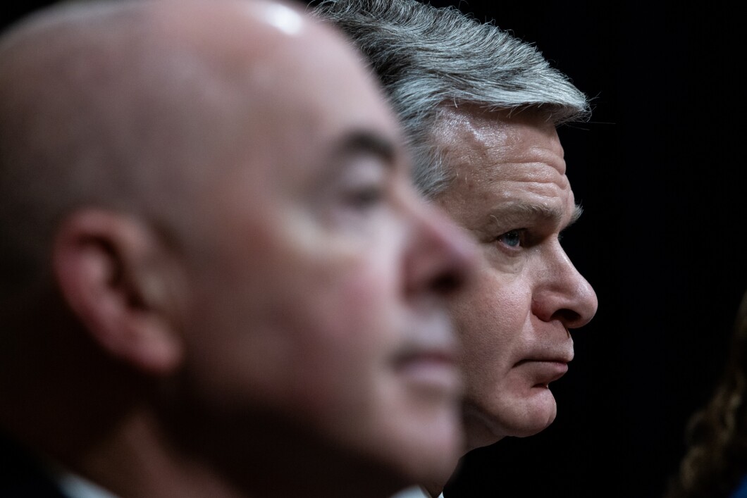 DHS Secretary Alejandro Mayorkas and FBI Director Christopher Wray testify during the House Homeland Security Committee hearing on Capitol Hill on Nov. 15, 2023.