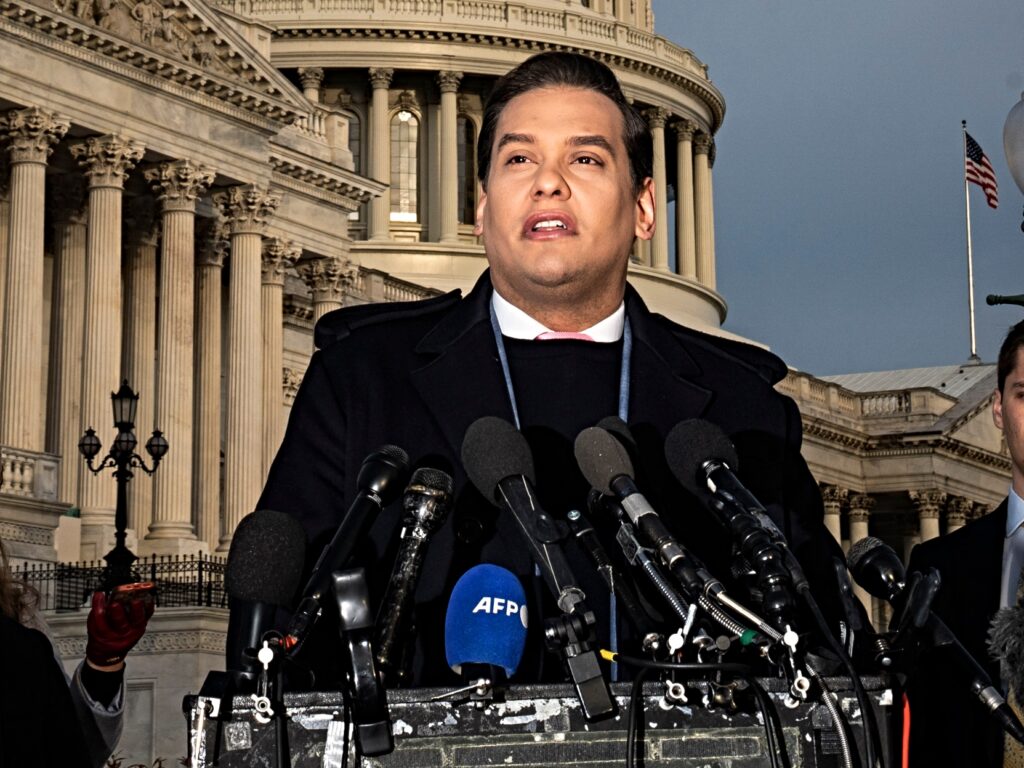 Washington, DC - November 30 : Rep. George Santos (R-N.Y.) speaks about the House Ethics Committee report and potential expulsion from Congress this week during a press conference outside on Capitol Hill on Thursday, Nov. 30, 2023, in Washington, DC. (Photo by Jabin Botsford/The Washington Post via Getty Images)