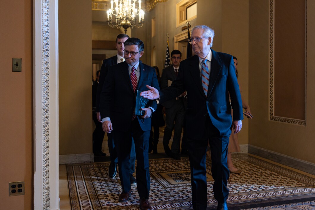 Speaker of the House Mike Johnson (R-LA) walks with Senate Minority Leader Mitch McConnell (R-KY) on their way to a meeting on Capitol Hill, on Wednesday, Nov. 29, 2023. Johnson met privately with McConnell before a lunch meeting with Senate Republicans