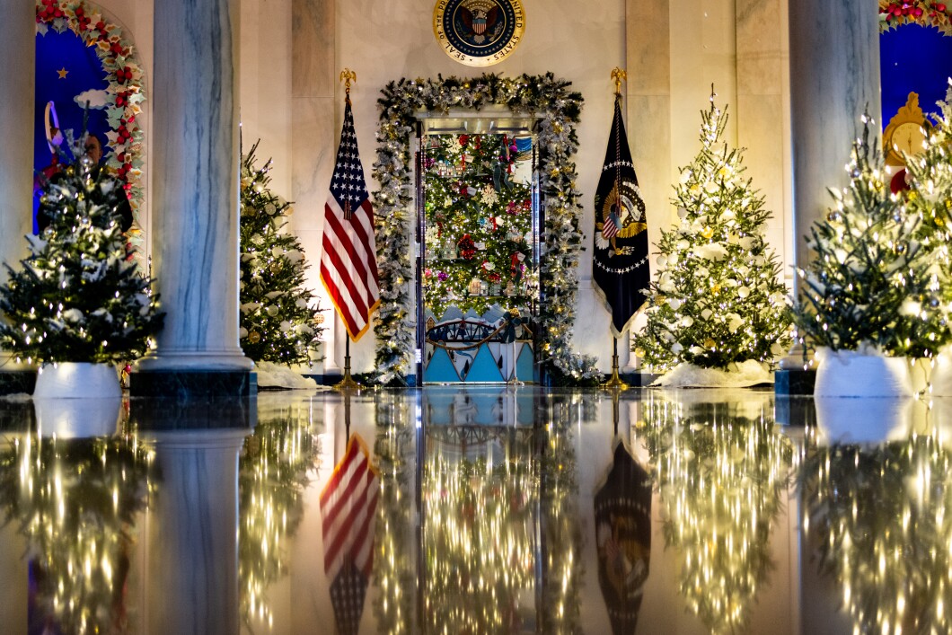 Decorations and ornaments adorn columns of the Entrance Hall at the White House on Monday, Nov. 27, 2023. The theme for this year's White House decorations is "Magic, Wonder and Joy" and is designed to capture the "delight and imagination of childhood."