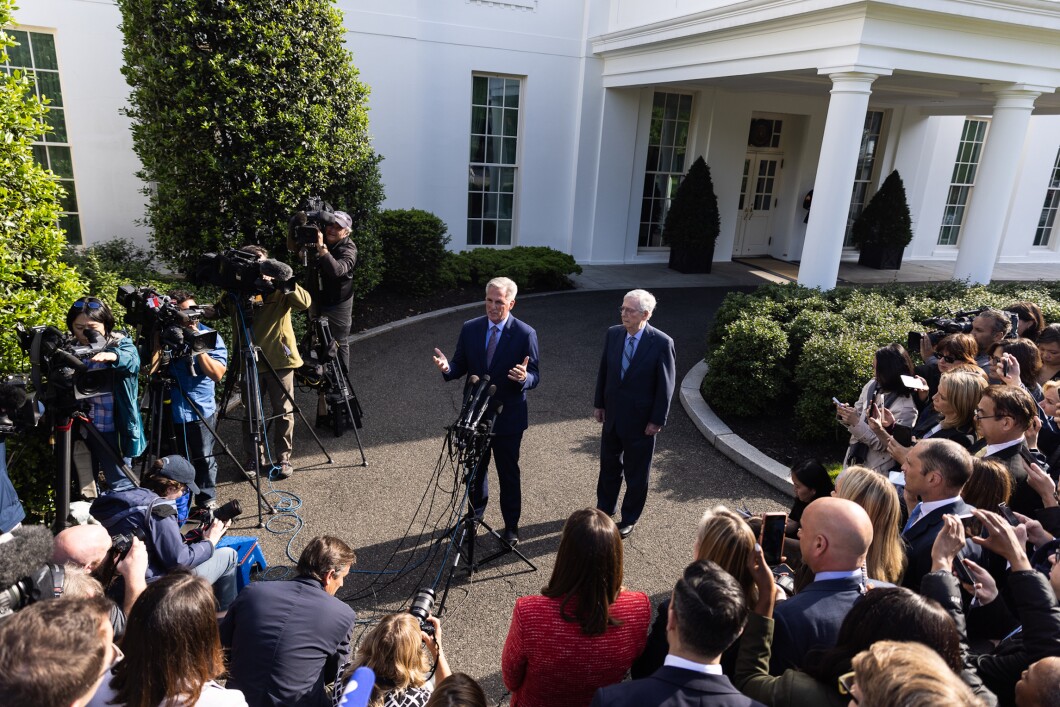 Speaker of the House Kevin McCarthy (R-CA) accompanied by Senate Minority Leader Mitch MCConnell (R-KY) speaks to the media during a press conference in front of the West Wing at the White House on May 9, 2023 in Washington, D.C. President Biden met with Democrat and Republican leaders of the House and Senate to discuss Debt Ceiling negotiations. 