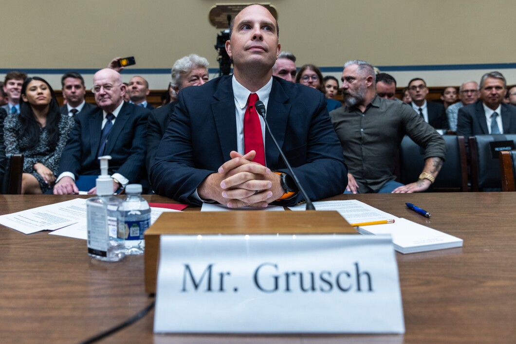 David Grusch, former National Reconnaissance Office representative on the Defense Department's Unidentified Aerial Phenomena Task Force, prepares to testify before the House Oversight and Accountability Subcommittee on UFOs, on Wednesday, July 26, 2023, on Capitol Hill. Grusch, who went from being part of the Pentagon's UAP Task Force to becoming a whistleblower, told the committee that “nonhuman” biological matter from crashed craft of unknown origin exists.