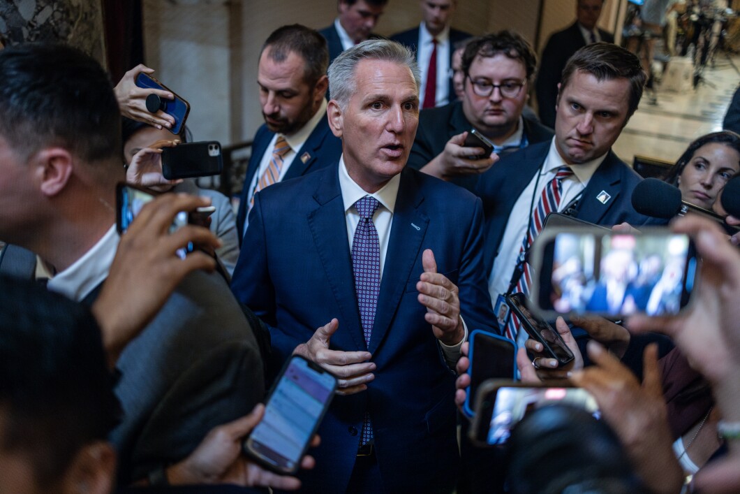 U.S. Speaker of the House Kevin McCarthy speaks to reporters after leaving the House Chambers at the U.S. Capitol, on September 18, 2023 in Washington, DC. McCarthy made efforts to negotiate with some hard-line Republicans, on legislation preventing a government shutdown. 