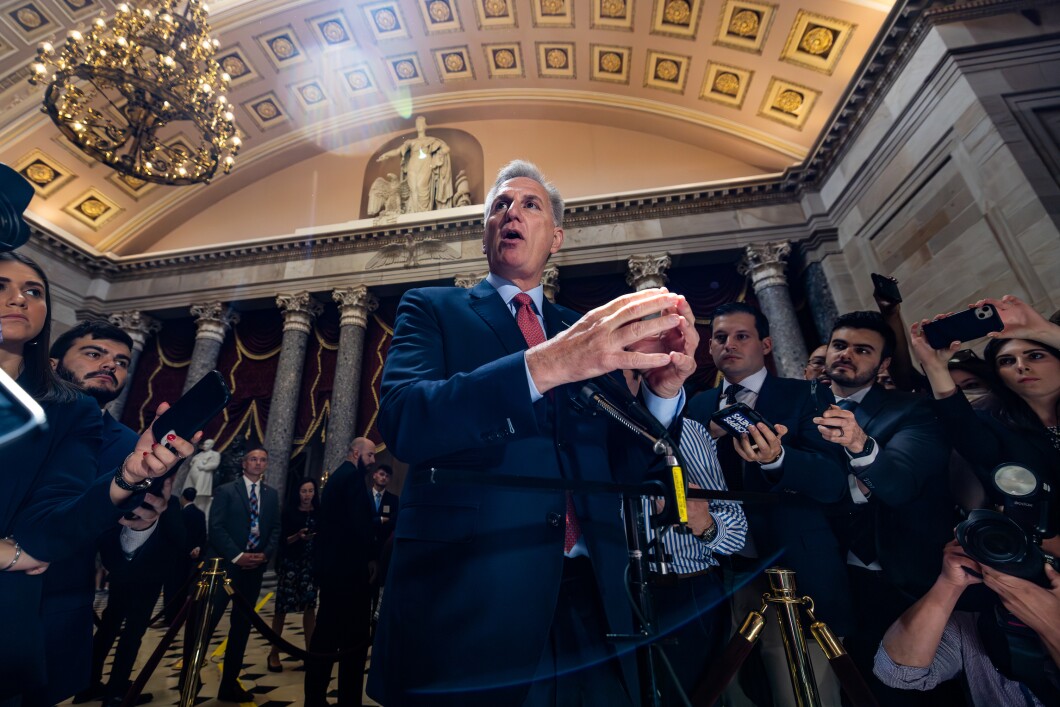 US House Speaker Kevin McCarthy speaks to members of the media, shortly before opening the House Chamber, at the US Capitol, on Friday, May 26, 2023. Republican and White House negotiators are moving closer to an agreement to raise the debt limit, in order to avoid a catastrophic default. 