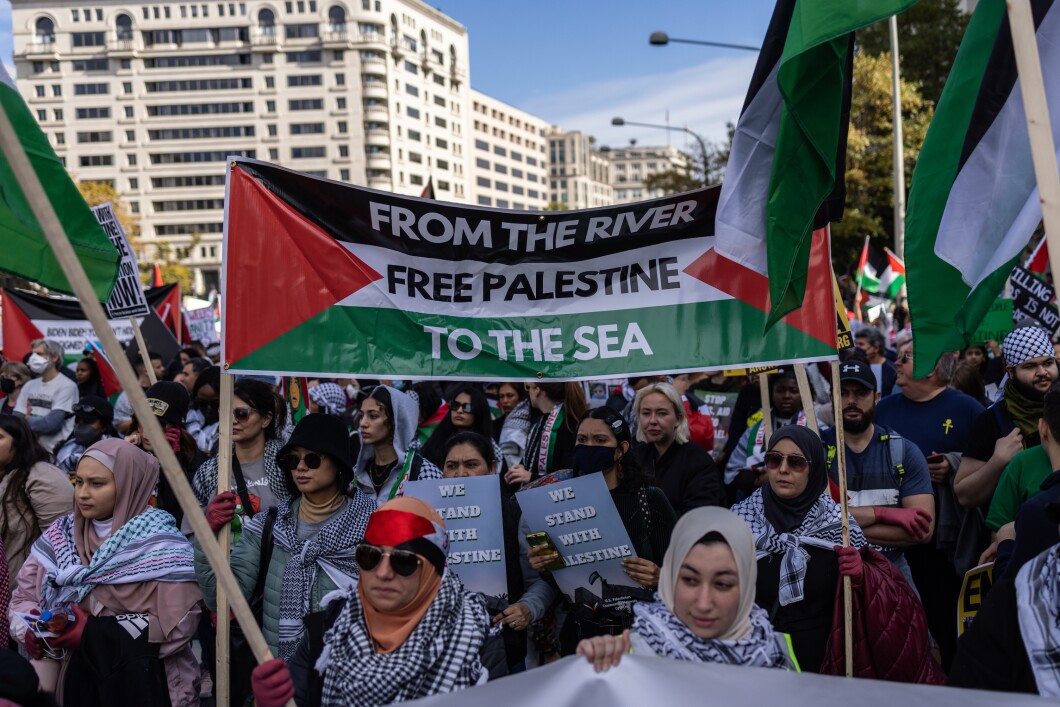 People rally during the "National March on Washington Free Palestine" while calling for a ceasefire between Israel and Hamas, at Freedom Plaza, on Saturday, November 4, 2023 in Washington, DC. 