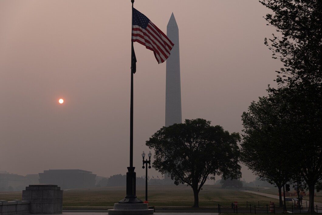 Smoke from wildfires in Canada enshrouds the Washington Monument, on Wednesday, June 8, 2023. The Air Quality Index reached Code Purple as smoke continued to move south over the East Coast of the United States.