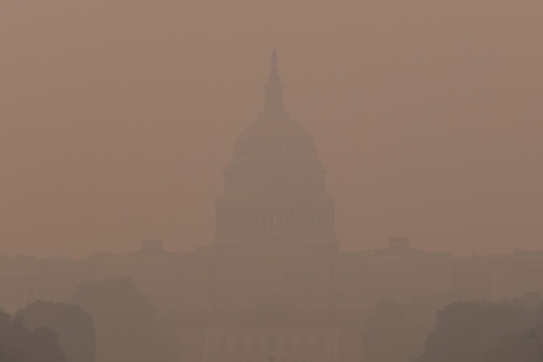 Smoke from wildfires in Canada enshrouds the US Capitol, on Wednesday, June 8 2023. The Air Quality Index reached Code Purple as smoke continues to move south over the east coast of the United States. 