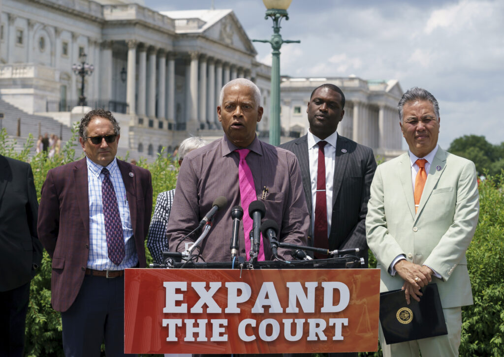 Rep. Hank Johnson, D-Ga., speaks to reporters about the Judiciary Act which he introduced last year and would expand the Supreme Court to 13 justices, at the Capitol in Washington, Monday, July 18, 2022. (AP Photo/J. Scott Applewhite)