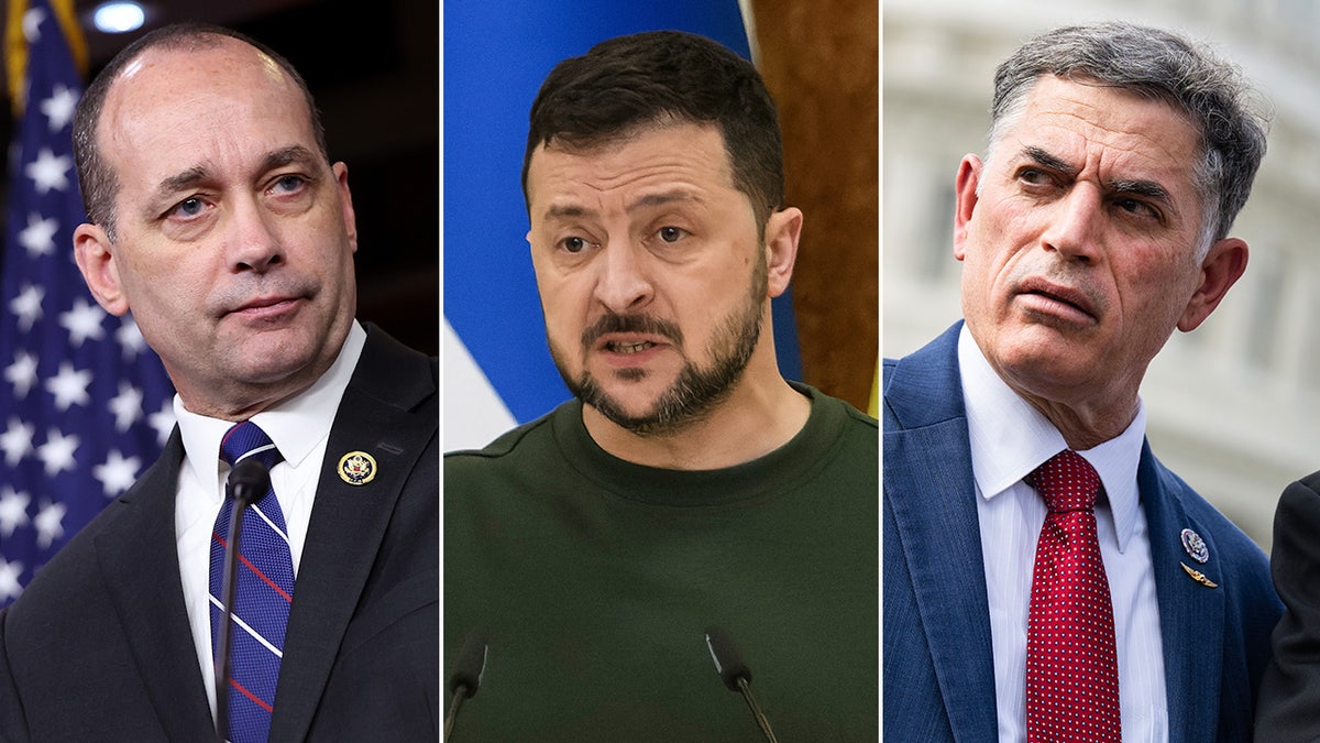 split image of Rep. Bob Good, Ukrainian President Volodymyr Zelenskyy, Rep. Andrew Clyde