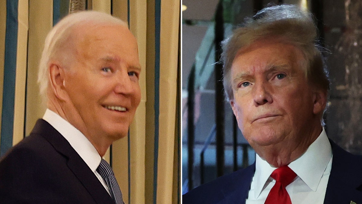 President Biden smiling, left; former President Trump right