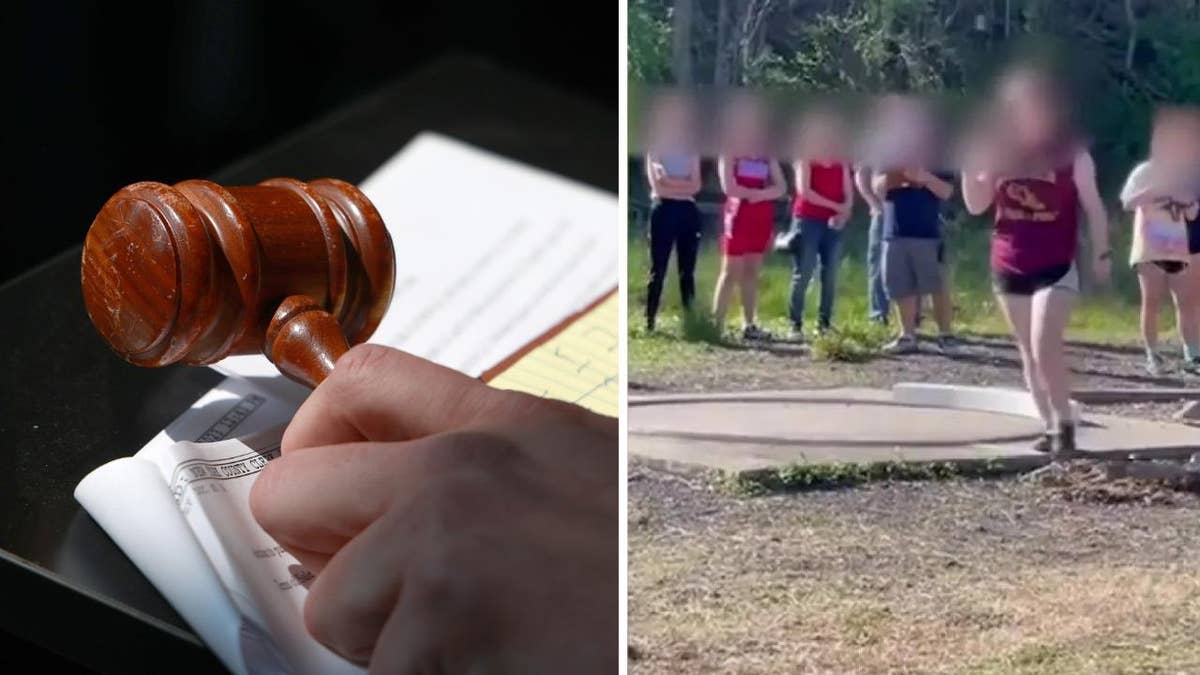 left split: hand holding gavel; right split: girl track athletes with faces blurred