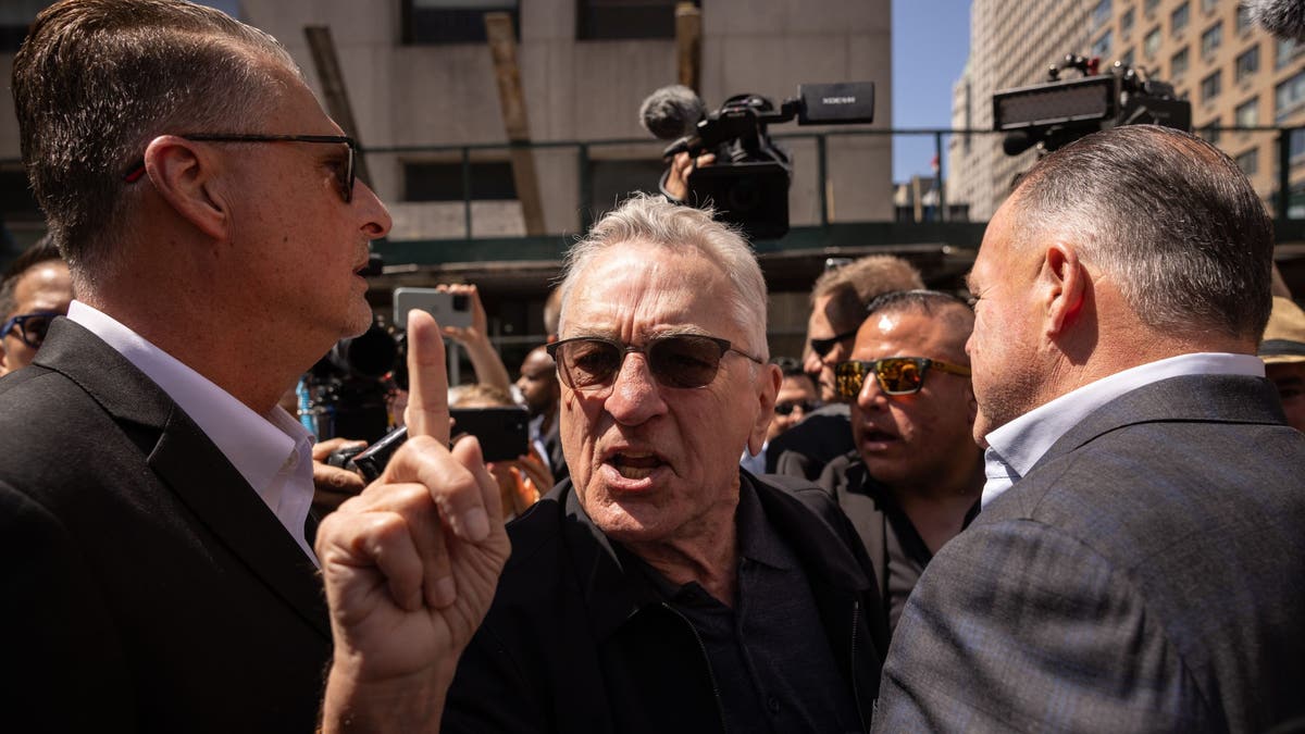 Robert De Niro at Biden presser interacts with protester