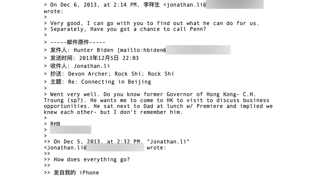 In December 2013, Hunter Biden asked his business associates whether they knew C.H. Tung, or Tung Chee-hwa, a former governor of Hong Kong and billionaire who served as the vice chairman of the Chinese People's Political Consultative Conference.