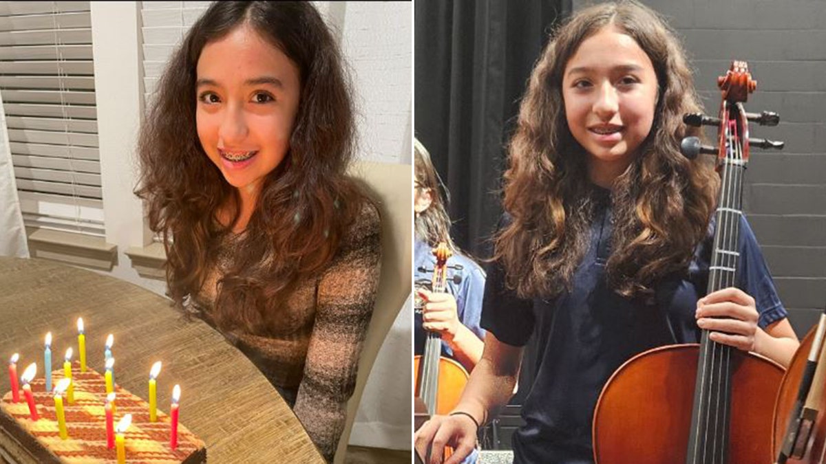 Jocelyn Nungaray with birthday cake, left; with instrument, right