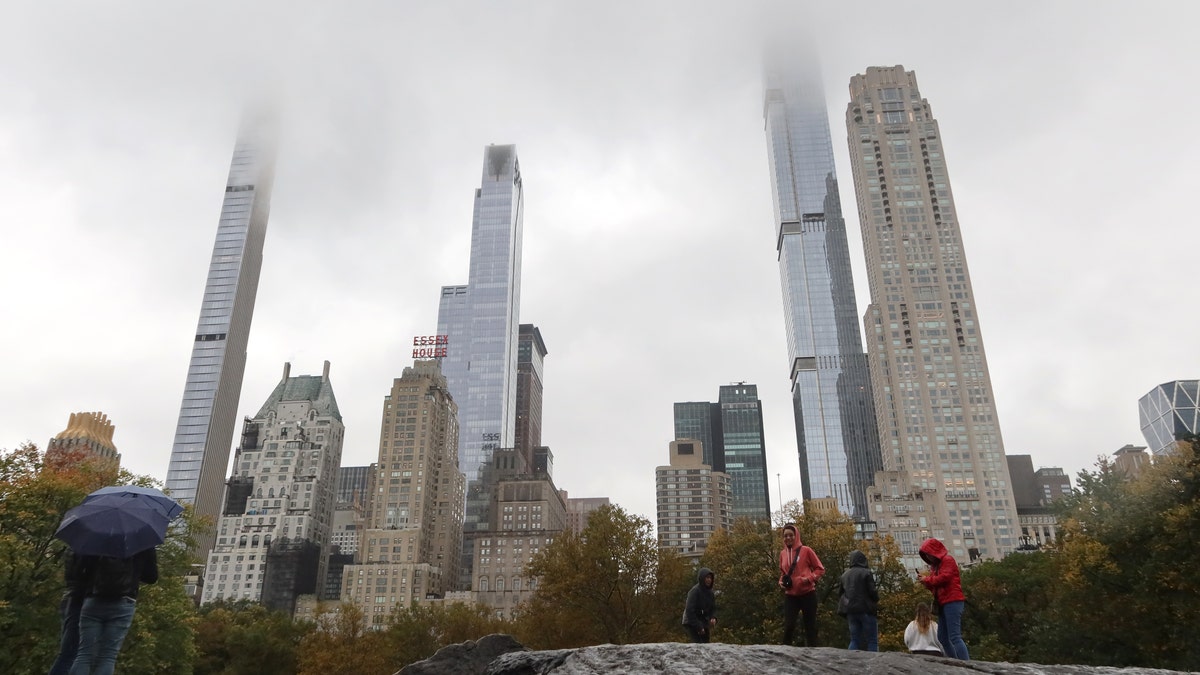 Manhattan skyscrapers in background in photo from Central Park