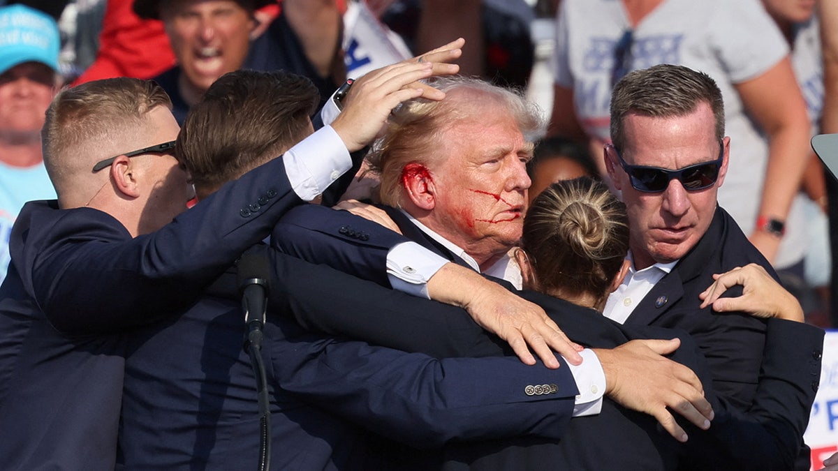 Donald Trump gestures with a bloodied face as multiple shots rang out during a campaign rally