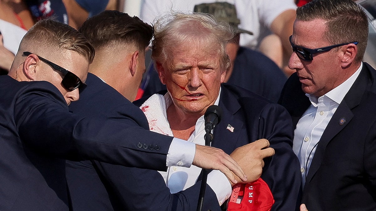 Donald Trump gestures with a bloodied face as multiple shots rang out during a campaign rally