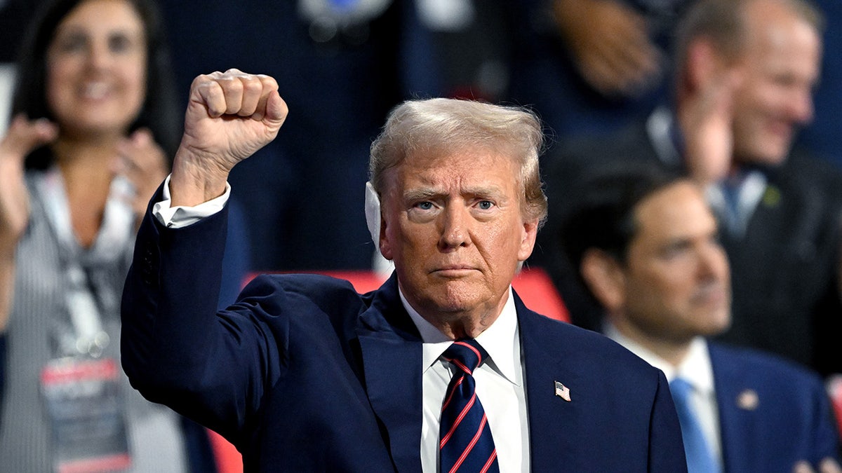 Donald Trump at RNC with right fist up in air