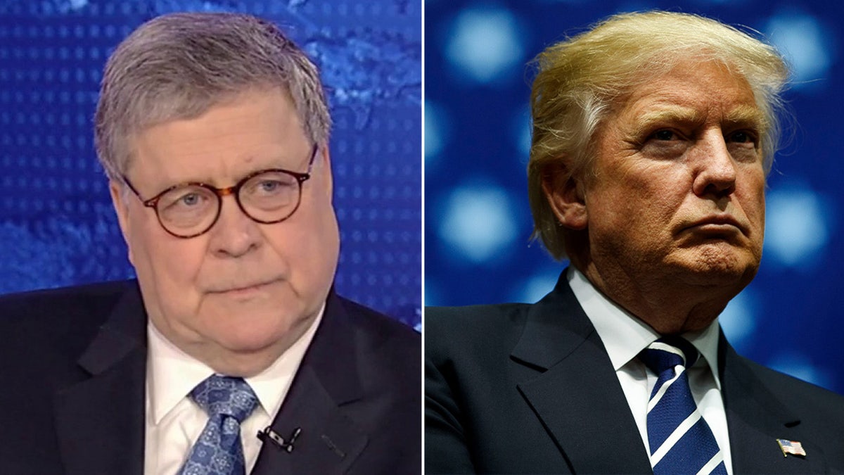 a side-by-side photo of Bill Barr and Donald Trump