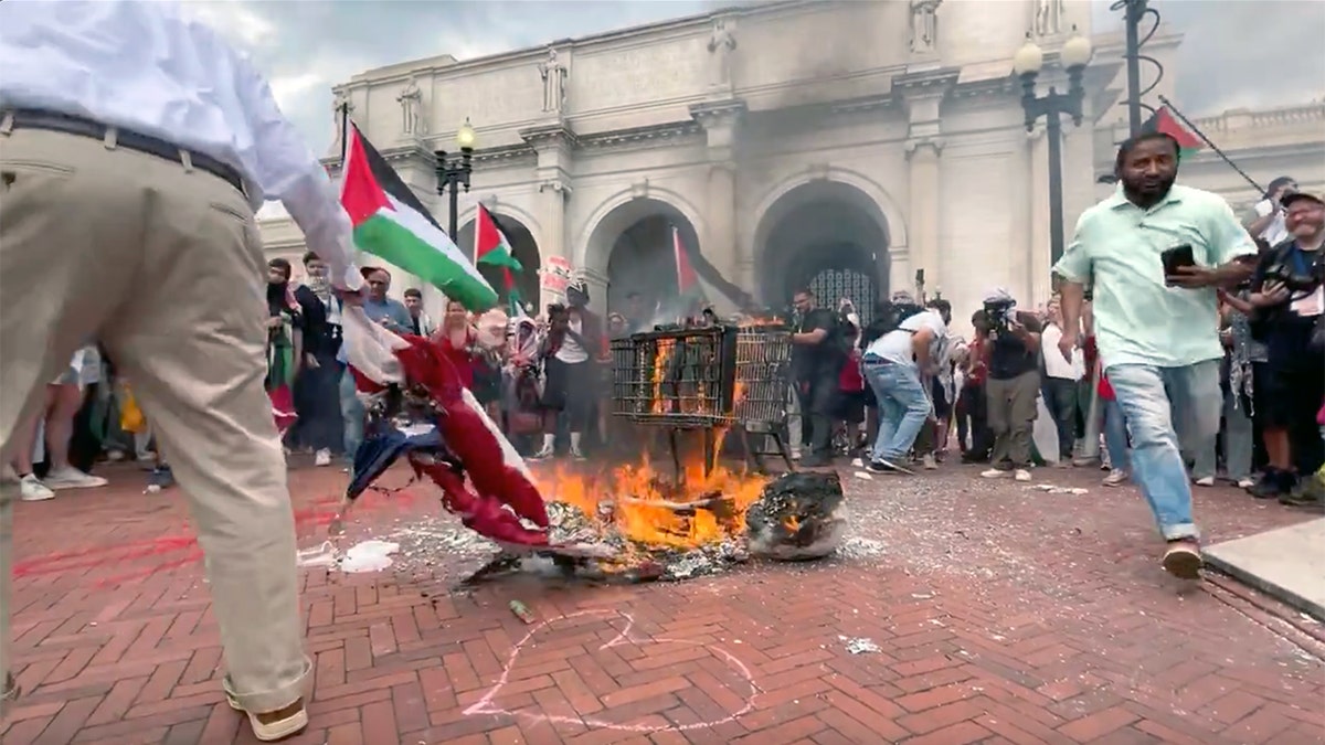 An unnamed patriot reaches down to rescue the American flag from being burned